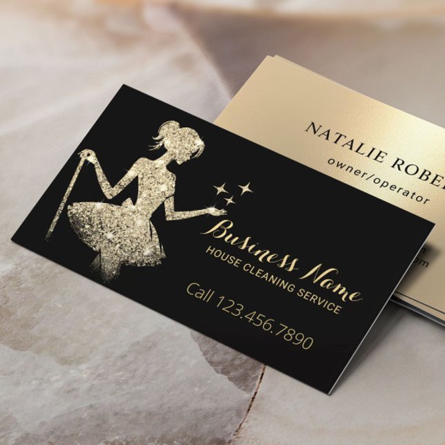 House Cleaning Service Black & Gold Magical Maid Business Card (Creator Uploaded)