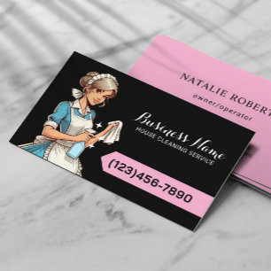 House Cleaning Service Black & Pink Housekeeping Business Card