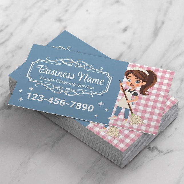 House Cleaning Service Cartoon Maid Blue & Pink Business Card (Creator Uploaded)