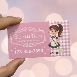 House Cleaning Service Cartoon Maid Pink Plaid Business Card