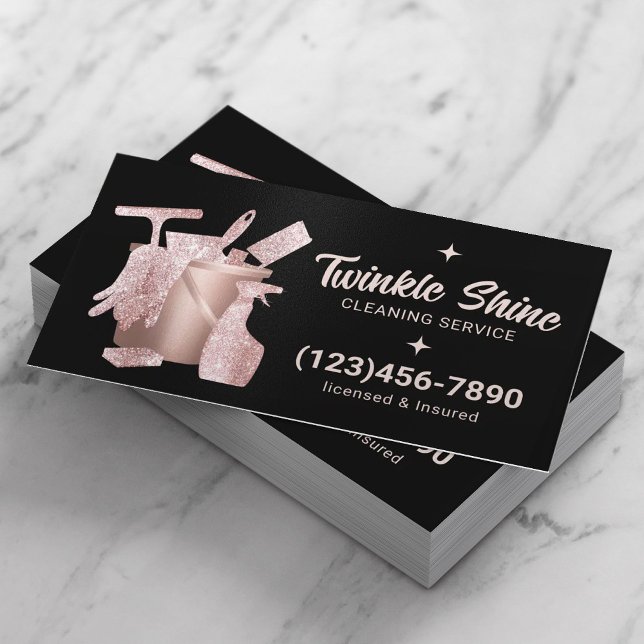 House Cleaning Service Cute Black & Pink Business Card (Creator Uploaded)
