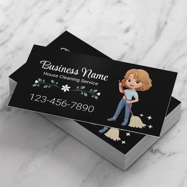 House Cleaning Service Cute Cartoon Girl Black Business Card (Creator Uploaded)