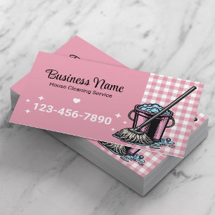 House Cleaning Service Cute Pink Plaid Business Card