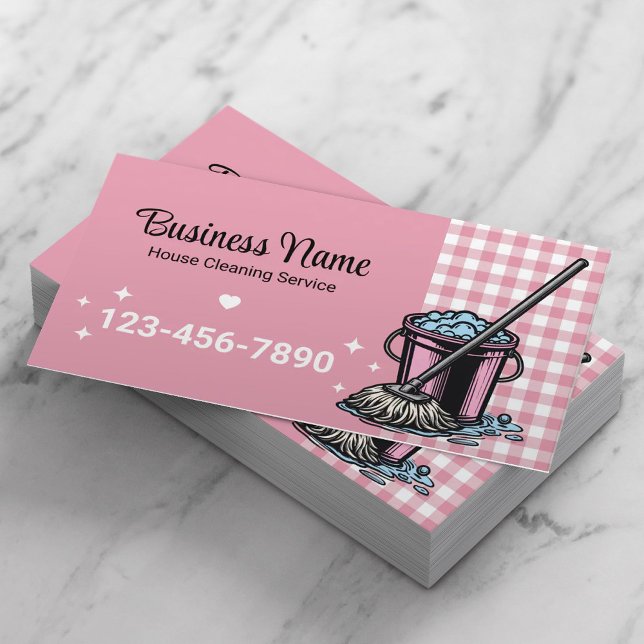 House Cleaning Service Cute Pink Plaid Business Card (Creator Uploaded)