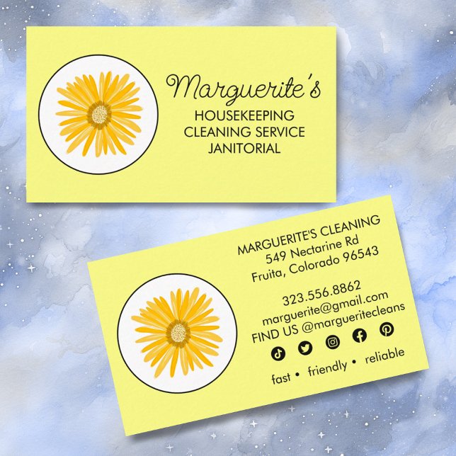 House Cleaning Service Daisy Logo Social Icons  Business Card (Cute business card with a yellow daisy logo design and social media icons.)