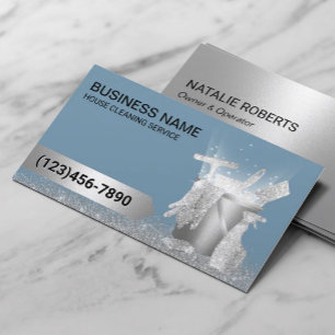 House Cleaning Service Dusty Blue Silver Glitter Business Card