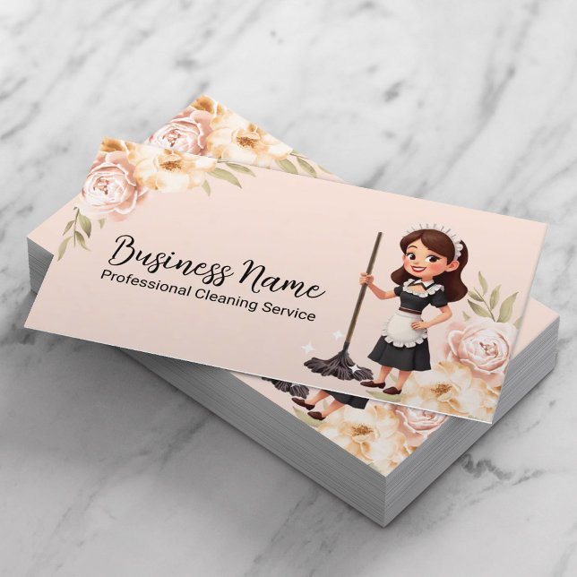 House Cleaning Service Floral Cute Maid Business Card (Creator Uploaded)