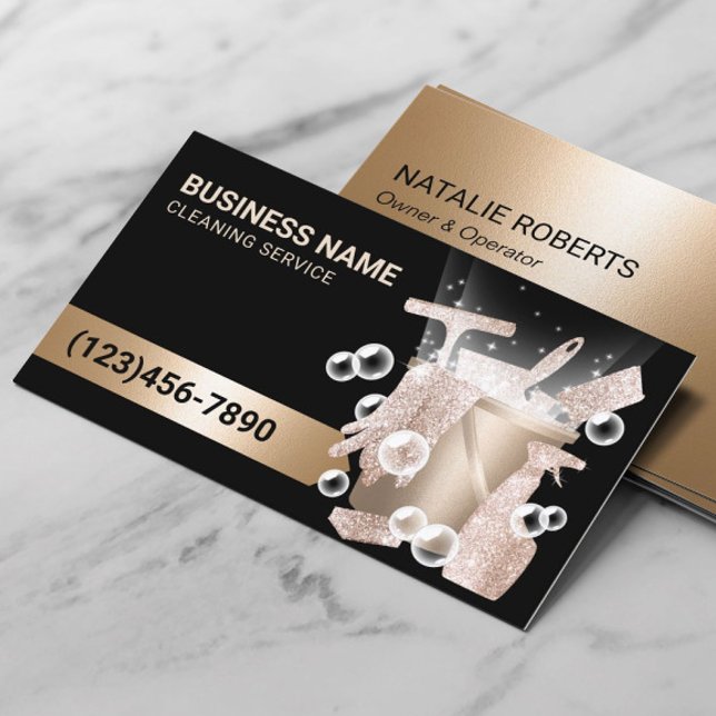 House Cleaning Service Modern Black & Gold Bubbles Business Card (Creator Uploaded)