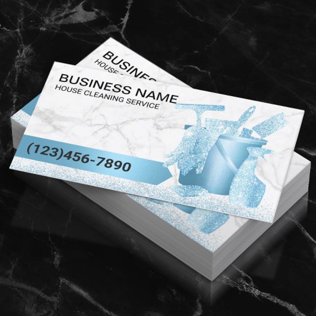House Cleaning Service Modern Blue Glitter Marble Business Card (Creator Uploaded)