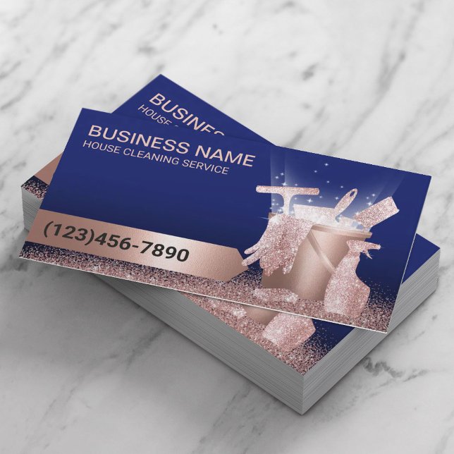 House Cleaning Service Modern Blue & Rose Gold Business Card (Creator Uploaded)