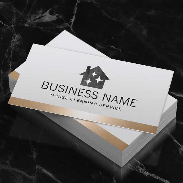House Cleaning Service Modern Gold Border Business Card (Creator Uploaded)