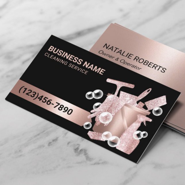 House Cleaning Service Modern Rose Gold Bubbles Business Card (Creator Uploaded)