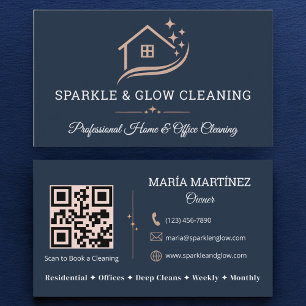 House Cleaning Service QR Code Rose Gold Navy Blue Business Card