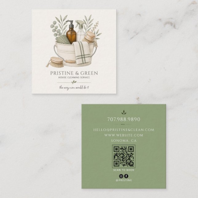 House Cleaning Service QR Code Sage Square Business Card (Front/Back)