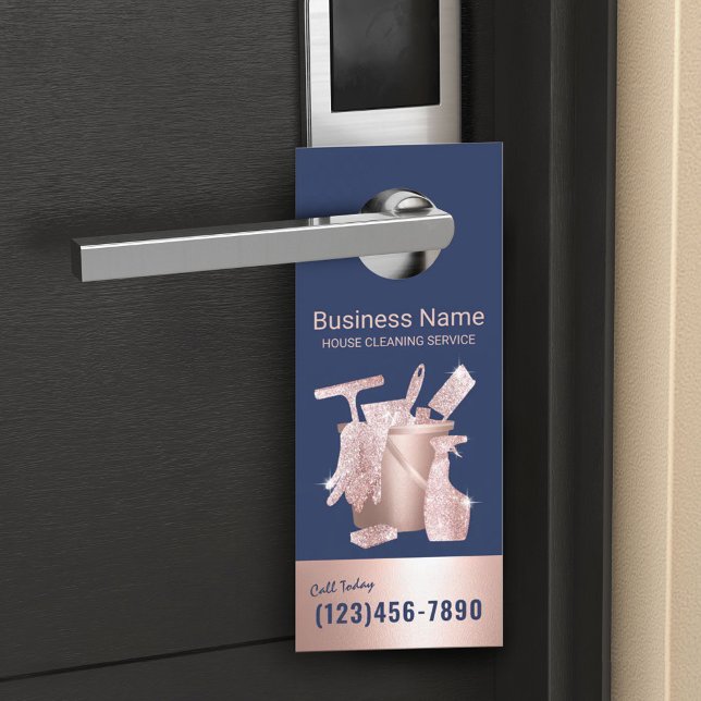 House Cleaning Service Rose Gold Navy Blue Maid Door Hanger (Creator Uploaded)