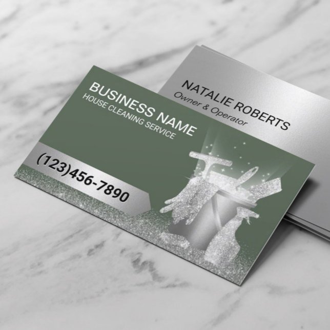 House Cleaning Service Sage Green Silver Glitter  Business Card (Creator Uploaded)