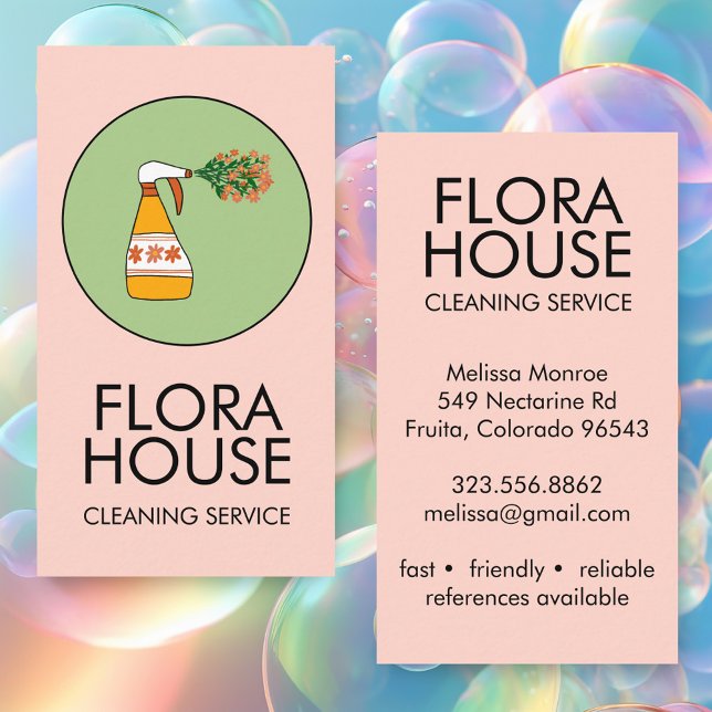 House Cleaning Service Spray Bottle Floral Logo  Business Card (House Cleaning Service Spray Bottle Floral Logo Business Card Feminine Pink Green Cute)