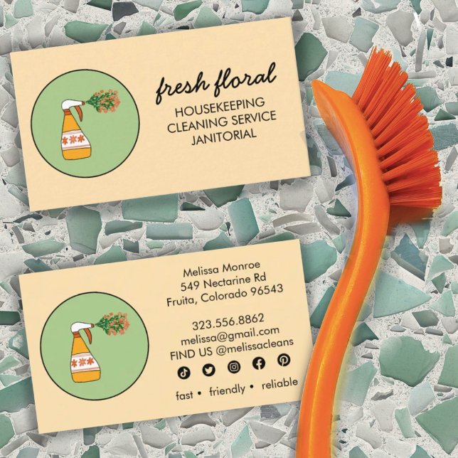House Cleaning Service Spray Bottle Floral Logo  Business Card (Creator Uploaded)