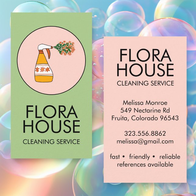 House Cleaning Service Spray Bottle Floral Logo Business Card (House Cleaning Service Spray Bottle Floral Logo Custom Pink Green Girly Sweet Business Card
)