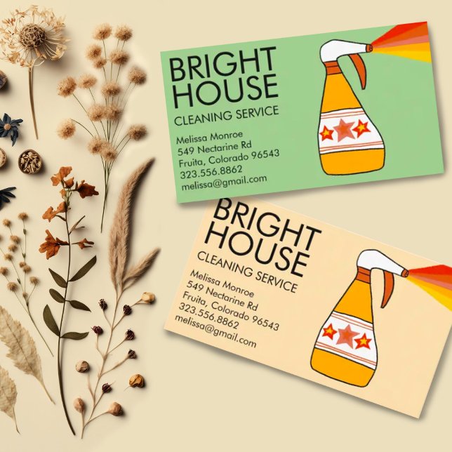 House Cleaning Service Spray Bottle Retro Colourfu Business Card (Colorful bright spray bottle modern custom cleaning business cards. Change the background colors.)