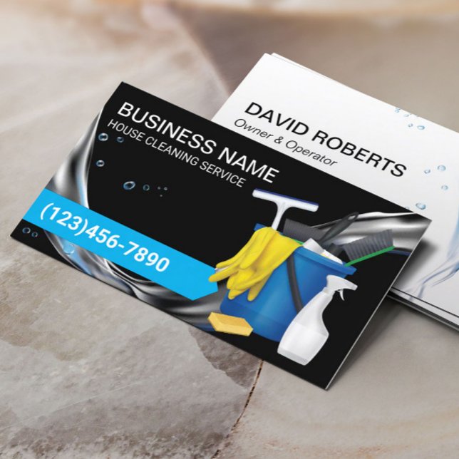 House Cleaning Service Water Flows Black Business Card (Creator Uploaded)
