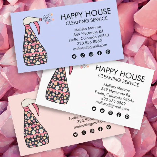 House Cleaning Services Janitor Daisy Spray Bottle Business Card (Daisy floral spray bottle custom cleaning services business card with social media icons.)