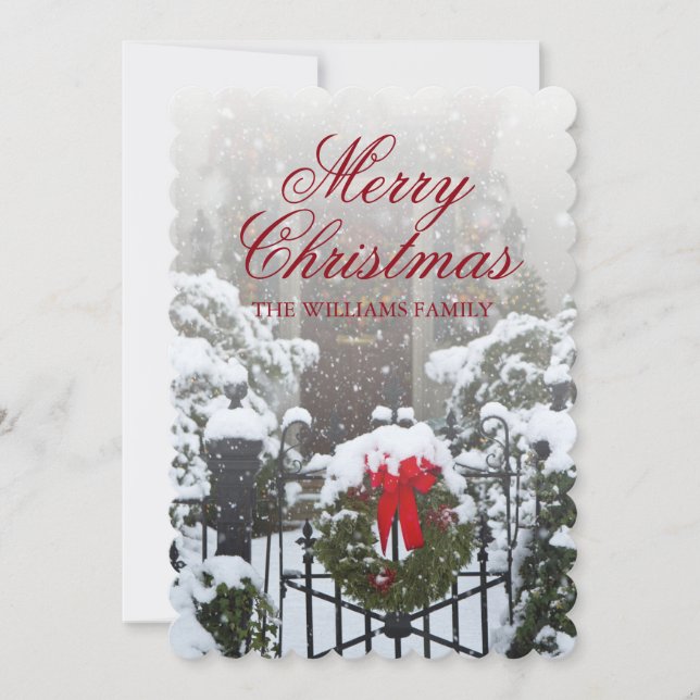 House Door with Christmas Wreath and Holiday Snow Card (Front)