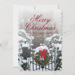 House door with Christmas wreaths and snow Holiday Card