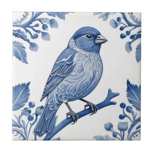 House Finch Delft Blue and White Floral Bird Tile