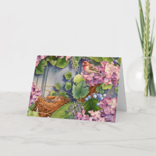 House Finch Pair Nest in Wreath Watercolor Art Card