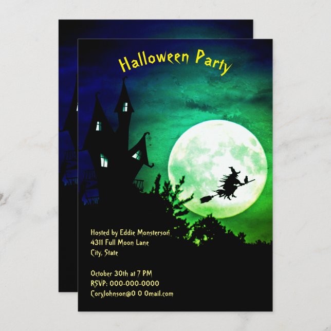 House, Full Moon, Witch, Green Sky Halloween Party Invitation (Front/Back)