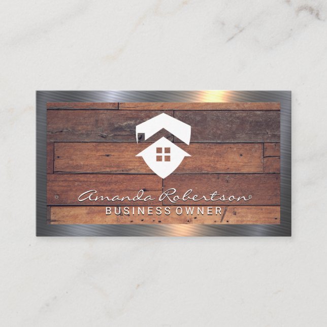 House Icon | Wooden Boards | Metal Border Business Card (Front)