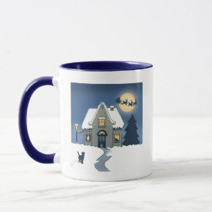 House in Snowy Night with Cat and Santa Mug