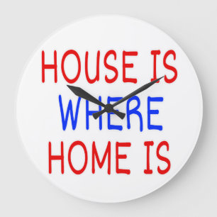 HOUSE IS WHERE HOME IS RED & BLUE FONTS WHITE BG LARGE CLOCK