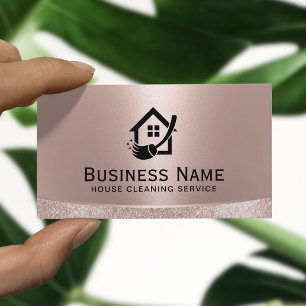 House Logo Home Cleaning Maid Service Rose Gold Business Card