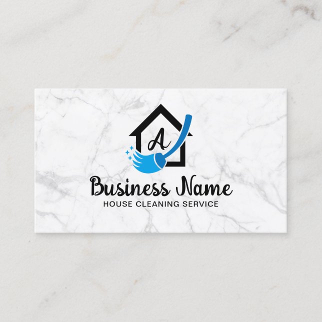 House Logo Home Cleaning Service Trendy Marble Business Card (Front)
