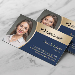 House Logo Real Estate Navy & Gold Realtor Photo Business Card