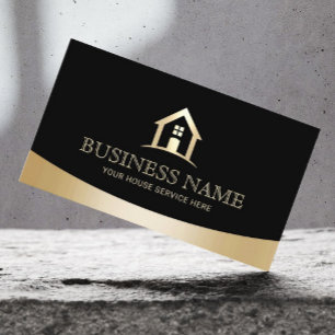 House Logo Real Estate Realtor Modern Black & Gold Business Card