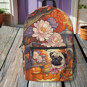 House of Pug Dog & Halloween, Autumn, Art Nuovo Printed Backpack