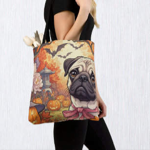 House of Pug Dog & Halloween, Autumn, Art Nuovo  Tote Bag