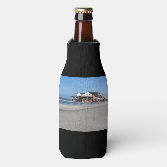 House on stilts at the beach of St. Peter Ording Bottle Cooler (Bottle Front)