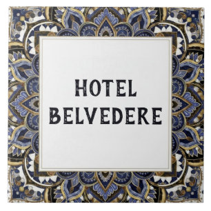 House or Hotel Name Plaque Sign Fancy Blue Gold Tile