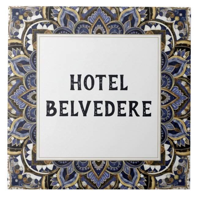 House or Hotel Name Plaque Sign Fancy Blue Gold Tile (Front)