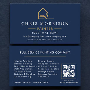House Painter Navy Blue Gold QR Code Business Card