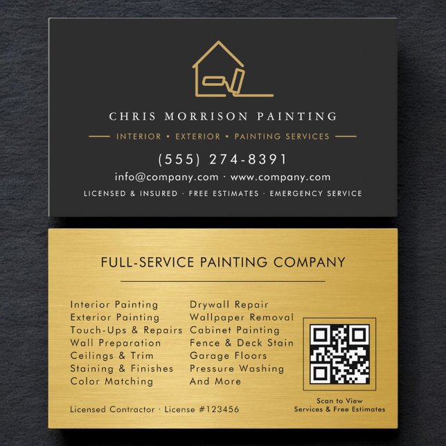 House Painter Painting Service Black Gold QR Code Business Card (Creator Uploaded)