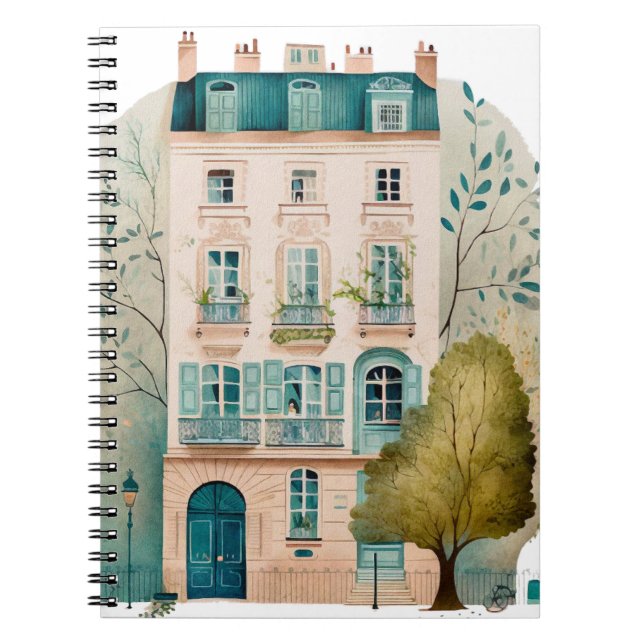 House pink duplex watercolor ilustration trees notebook (Front)