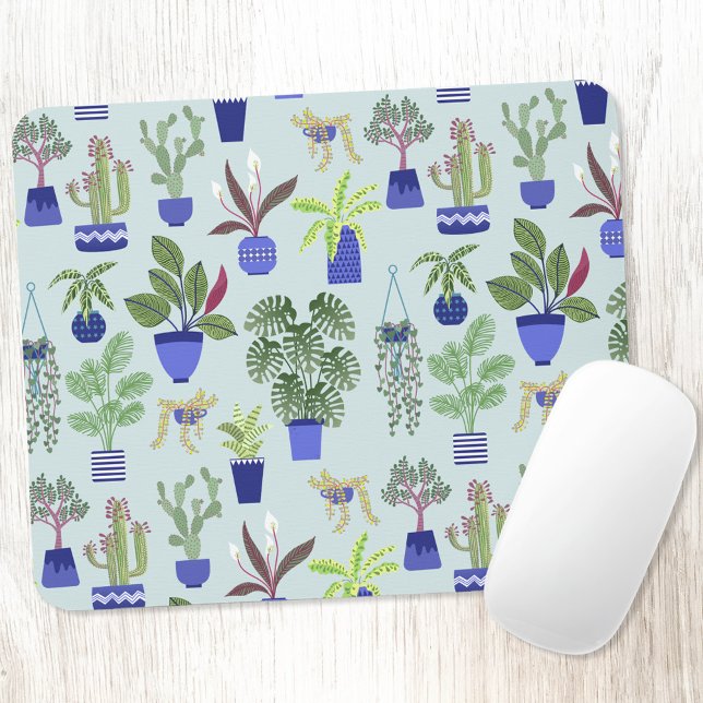 House Plant Cactus Succulent Blue Mouse Pad (Houseplant cactus and succulent pattern modern plant themed mouse mat)