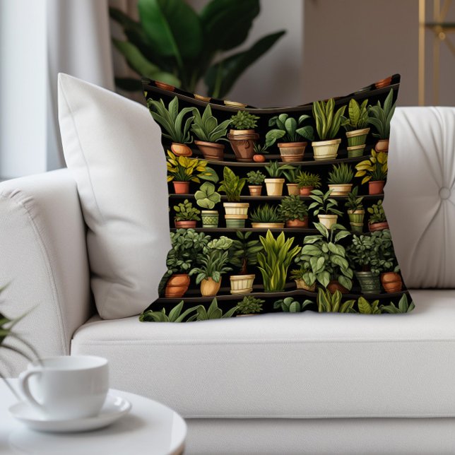 House Plants Gardening Black Green Brown Cushion (Potted succulents on black decorator pillow)