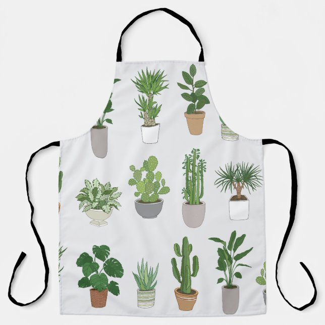 House plants, vintage doodle pattern apron (Front)