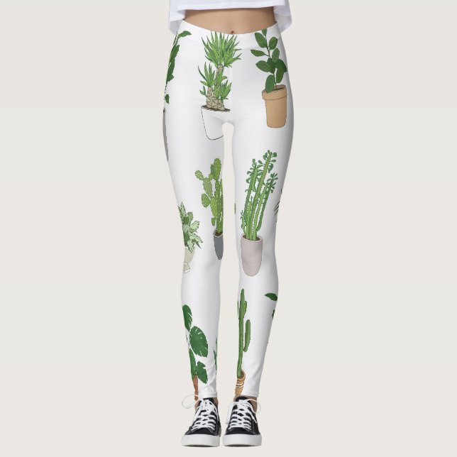 House plants, vintage doodle pattern leggings (Front)